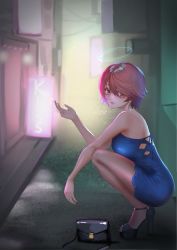 Rule 34 | 1girl, absurdres, alley, alternate costume, arknights, bag, bare shoulders, blue dress, breasts, cigarette, closed mouth, commentary request, dress, earrings, exusiai (arknights), female focus, fingernails, halo, handbag, high heels, highres, jewelry, large breasts, lipstick, long fingernails, looking at viewer, makeup, nagatsuki (nyagatsuki), nail polish, red eyes, red hair, red nails, shoes, short hair, sign, solo, squatting, strapless, strapless dress, toeless footwear