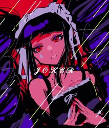 Rule 34 | 1girl, bare shoulders, black dress, black hair, celestia ludenberg, che che che, collarbone, danganronpa: trigger happy havoc, danganronpa (series), dress, drill hair, gothic lolita, hands up, highres, lolita fashion, long hair, nail polish, red background, red eyes, red nails, solo, teeth, twin drills, twintails, upper body