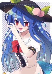 Rule 34 | 1girl, :d, absurdres, black headwear, blue hair, border, bow, bowtie, center frills, food, frills, fruit, grey background, highres, hinanawi tenshi, leaf, long hair, looking at viewer, open mouth, peach, puffy short sleeves, puffy sleeves, red bow, red bowtie, red eyes, short sleeves, smile, solo, striped, striped background, touhou, upper body, white border, yoriteruru