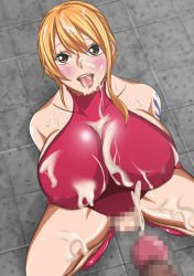 Rule 34 | 1girl, bare shoulders, breasts, brown eyes, cleavage, cleavage cutout, clothing cutout, cum, dress, erection, huge breasts, large breasts, long hair, looking at viewer, nami (one piece), one piece, open mouth, orange hair, penis, red dress, smile, solo, tattoo
