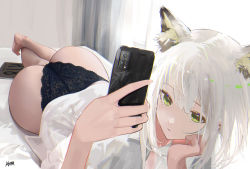 Rule 34 | 1girl, animal ear fluff, animal ears, arknights, ass, barefoot, black panties, cellphone, commentary request, foreshortening, green eyes, hand on own cheek, hand on own face, hands up, head rest, holding, holding phone, kal&#039;tsit (arknights), looking at viewer, lying, omone hokoma agm, on bed, on stomach, panties, phone, shirt, short hair, smartphone, solo, underwear, white hair, white shirt