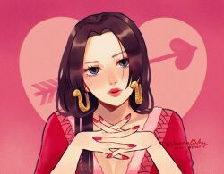 Rule 34 | 1girl, arrow (projectile), black hair, blue eyes, boa hancock, chunafishy, close-up, commentary, crossed fingers, earrings, english commentary, heart, heart arrow, hime cut, jewelry, long hair, looking at viewer, one piece, pink background, pink lips, red nails, red shirt, shirt, snake earrings, solo