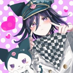 Rule 34 | 1boy, :d, black headwear, blush, buttons, checkered clothes, checkered scarf, closed mouth, danganronpa (series), danganronpa v3: killing harmony, double-breasted, frown, grey jacket, grin, hair between eyes, hands up, heart, highres, jacket, long sleeves, looking at viewer, oma kokichi, onegai my melody, open mouth, pink eyes, polka dot, polka dot background, sanrio, scarf, smile, tail, translation request, zui nianshao
