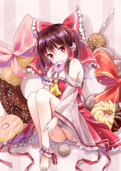 Rule 34 | 1girl, absurdres, ankle cuffs, ascot, ass, barefoot, blush, bridal garter, brown hair, detached sleeves, doughnut, food, food in mouth, food on face, frilled ribbon, frills, full body, hair ornament, hair ribbon, hair tubes, hakurei reimu, highres, japanese clothes, knees up, kure~pu, legs together, long sleeves, looking at viewer, nontraditional miko, red eyes, ribbon, ribbon-trimmed sleeves, ribbon trim, see-through, see-through sleeves, shirt, short hair, sitting, skirt, skirt set, solo, striped, striped background, sweets, touhou, vertical stripes, vest, wide sleeves, wrist cuffs, yellow ascot