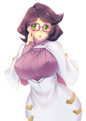 Rule 34 | 1girl, arm behind back, big hair, breasts, capelet, coat, creatures (company), game freak, glasses, green eyes, hand on own face, large breasts, long sleeves, megatama, nintendo, open mouth, pink-framed eyewear, pink sweater, pokemon, pokemon sm, purple hair, ribbed sweater, skirt, solo, sweater, turtleneck, turtleneck sweater, white capelet, white coat, white skirt, wicke (pokemon), wide hips