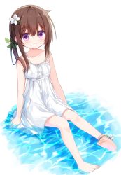 Rule 34 | 1girl, anklet, bare arms, bare shoulders, barefoot, blush, brown hair, closed mouth, collarbone, dress, flower, full body, hair between eyes, hair flower, hair ornament, hairclip, jewelry, long hair, original, purple eyes, shallow water, shiho (yuuhagi (amaretto-no-natsu)), sitting, sleeveless, sleeveless dress, soles, solo, strap slip, water, wavy mouth, white background, white dress, white flower, yuuhagi (amaretto-no-natsu)