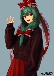 Rule 34 | 1girl, absurdres, alternate costume, artist name, bow, brown sweater, casual, commission, equality taira, frilled bow, frilled ribbon, frills, front ponytail, green eyes, green hair, hair ribbon, highres, kagiyama hina, long ribbon, long sleeves, looking at viewer, open mouth, puffy long sleeves, puffy sleeves, red bow, red ribbon, ribbon, simple background, skeb commission, smile, solo, sweater, teeth, touhou, upper teeth only