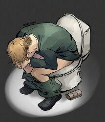 Rule 34 | 1boy, artist name, blonde hair, clothes pull, green jacket, jacket, long sleeves, male focus, meme, pants, pants pull, sel3phi, shinji in a chair (meme), sitting, solo, spy x family, toilet, toilet paper, toilet use, twilight (spy x family), twitter username