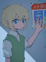 Rule 34 | 0tz026, 1boy, basil (faraway) (omori), basil (headspace) (omori), basil (omori), blonde hair, blue eyes, closed mouth, collared shirt, green sweater vest, highres, looking at viewer, omori, poster (object), shirt, short hair, short sleeves, solo, sweater vest, translation request, upper body, white shirt