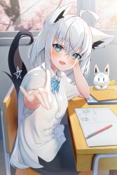 Rule 34 | 1girl, ahoge, alternate costume, animal ear fluff, animal ears, aqua eyes, black skirt, blue bow, blue bowtie, blurry, bow, bowtie, braid, chair, cherry blossoms, classroom, collared shirt, commentary request, depth of field, desk, drawing (object), earrings, elbow on table, fang, fox ears, fox girl, fox shadow puppet, fox tail, hair between eyes, head rest, highres, hololive, indoors, jewelry, light blush, long hair, looking at viewer, lower teeth only, notebook, on chair, open mouth, pen, pentagram, plaid, plaid bow, plaid bowtie, school chair, school desk, shirai yu, shirakami fubuki, shirt, short sleeves, side braid, sidelocks, single braid, single earring, sitting, skin fang, skirt, solo, sukonbu (shirakami fubuki), tail, teeth, translation request, untucked shirt, virtual youtuber, white hair, white shirt, window