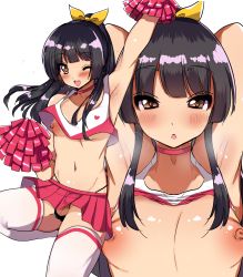 Rule 34 | 1boy, :o, ;d, absurdres, arm up, armpits, arms up, blunt bangs, blush, bow, breasts, brown hair, cheerleader, choker, cosplay, cosplay request, crop top, flaccid, hair bow, high ponytail, highres, hime cut, long hair, looking at viewer, male focus, miniskirt, multiple views, nipples, odaosamu, one eye closed, open mouth, original, penis, pink skirt, pleated skirt, pom pom (cheerleading), sidelocks, skirt, small breasts, smile, solo, testicles, thighhighs, trap, white thighhighs