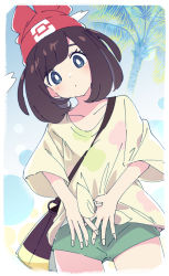 Rule 34 | 1girl, bag, beanie, blue eyes, blush, bright pupils, brown hair, closed mouth, collarbone, creatures (company), game freak, green shorts, hat, ixy, long hair, looking at viewer, nintendo, outdoors, palm tree, pokemon, pokemon sm, raglan sleeves, red hat, selene (pokemon), shirt, short hair, shorts, solo, thighs, tied shirt, tree, white pupils