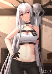 Rule 34 | 1girl, animal skull, arm strap, artist name, azur lane, bandaged arm, bandages, bare shoulders, black collar, black gloves, black pants, breasts, buckle, chest strap, cleavage, collar, collarbone, commentary, cowboy shot, english commentary, gloves, groin, hair between eyes, hand on own hip, highres, indoors, large breasts, levy (comradlevy), long hair, looking at viewer, midriff, mole, mole on body, mole under eye, multiple straps, navel, o-ring, pants, police badge, red eyes, scar, sidelocks, silver hair, smile, snap-fit buckle, solo, sovetskaya rossiya (azur lane), sovetskaya rossiya (the lackadaisical lookout) (azur lane), sports bra, standing, underbust, very long hair, white sports bra