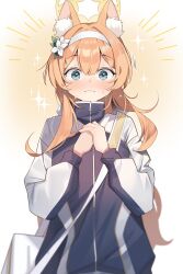 Rule 34 | 1girl, absurdres, animal ear fluff, animal ears, blue archive, blue eyes, blush, closed mouth, flower, hair flower, hair ornament, hairband, halo, highres, jacket, long hair, long sleeves, mari (blue archive), mari (track) (blue archive), muo (muojjang 0929), official alternate costume, orange hair, solo, track jacket, upper body, white flower, white hairband, yellow halo