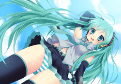 Rule 34 | 1girl, ahoge, aqua eyes, aqua hair, bad id, bad pixiv id, breasts, day, detached sleeves, etou (cherry7), female focus, hatsune miku, headphones, headset, highres, long hair, necktie, outdoors, panties, skirt, sky, smile, solo, striped clothes, striped panties, thighhighs, twintails, underwear, very long hair, vocaloid