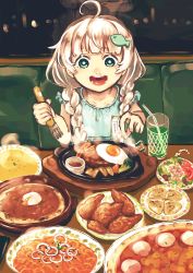 Rule 34 | 1girl, aqua dress, aqua eyes, blurry, blurry background, bokeh, booth seating, braid, broccoli, child, commentary, cup, depth of field, dress, drinking glass, egg, fish hair ornament, food, fork, fried egg, grey hair, hair ornament, highres, holding, holding fork, kizuna akari, long hair, meal, melon soda, mitou119, night, open mouth, pasta, reflection, restaurant, saizeriya, salad, short sleeves, sitting, smile, solo, soup, steak, steam, table, tomato, twin braids, vocaloid, voiceroid, window, aged down