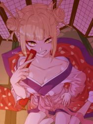 Rule 34 | 10s, 1girl, alternate costume, bad id, bad pixiv id, blonde hair, blunt bangs, boku no hero academia, breasts, cleavage, eyelashes, fangs, folding fan, from above, hand fan, indoors, japanese clothes, kimono, messy hair, mizuki mau, sitting, solo, toga himiko, twitter username, yellow eyes