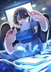 Rule 34 | bed, bed sheet, blue hair, brown hair, cellphone, character request, fangs, feet, fingernails, foot focus, glasses, hair ornament, highres, honshiro nikori, hug, jacket, jewelry, looking down, multicolored hair, open mouth, orange eyes, phone, shark, sharp fingernails, sharp toenails, soles, toe ring, toenails, toy, two-tone hair, virtual youtuber, x hair ornament