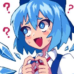 Rule 34 | 1girl, :d, ?, blue bow, blue eyes, blue hair, bow, cirno, collared shirt, fang, hair between eyes, hair bow, hands up, hcnone, ice, ice wings, index fingers together, looking to the side, neck ribbon, open mouth, own hands together, pixel art, portrait, red ribbon, ribbon, shirt, short hair, sideways glance, smile, solo, sweater, touhou, wings