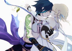 1boy, 1girl, absurdres, aqua hair, arm tattoo, arms up, asymmetrical clothes, bangs, bare shoulders, bead necklace, beads, black gloves, black hair, black pants, blonde hair, blurry, blurry foreground, commentary request, couple, detached sleeves, dress, feathers, flower, genshin impact, gloves, hair feathers, hand on another&#039;s back, hetero, highres, hug, imminent bite, jewelry, lumine (genshin impact), multicolored hair, n.s.egg, necklace, open mouth, pants, parted bangs, profile, shaded face, shirt, short hair, short hair with long locks, sidelocks, single bare shoulder, single detached sleeve, slit pupils, tattoo, teeth, two-tone hair, white dress, white flower, white gloves, white shirt, xiao (genshin impact), yellow eyes