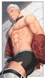 Rule 34 | 1boy, abs, arms behind back, bara, black male underwear, bulge, collar, earrings, erection, erection under clothes, highres, jewelry, male focus, male underwear, mature male, muscular, muscular male, nanakase yashiro, nipples, nullq q, pectorals, solo, the king of fighters, the king of fighters &#039;97, torn underwear, underwear, white hair