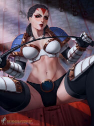 Rule 34 | 1girl, adeptus astartes, armor, armored boots, artist name, bikini armor, black hair, boots, breasts, brown eyes, cable, cleavage, facepaint, gauntlets, highres, holding, long hair, long sleeves, looking at viewer, medium breasts, navel, parted lips, pauldrons, power armor, scar, scar across eye, scar on face, scar on stomach, shoulder armor, shoulder spikes, sitting, solo, space marine, spiked gauntlets, spikes, spread legs, stomach, themaestronoob, thigh boots, warhammer 40k, watermark, web address, world eaters