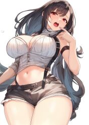 Rule 34 | 1girl, absurdres, alternate costume, arm strap, asymmetrical clothes, bare shoulders, belt, black hair, blush, breasts, brown shorts, cleavage, cowboy shot, crop top, cutoffs, denim, denim shorts, detached collar, final fantasy, final fantasy vii, hand up, highres, large breasts, long hair, looking at viewer, midriff, navel, nose blush, open mouth, popped button, red eyes, rehu, ribbed sweater, short shorts, shorts, simple background, single sleeve, smile, solo, stomach, suspenders, sweatdrop, sweater, thighs, tifa lockhart, unbuttoned, undersized clothes, very long hair, wardrobe malfunction, white background, white sweater, wide hips