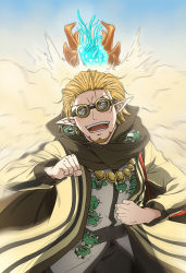 Rule 34 | 1boy, beard, blonde hair, blush, brown scarf, clenched hand, earrings, facial hair, goggles, highres, jewelry, male focus, mullar, necklace, outdoors, pixiv fantasia, pixiv fantasia age of starlight, pointy ears, running, sand, scarf, solo, standing, trade king farid, yellow eyes