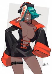 Rule 34 | 1girl, absurdres, belt, breasts, chinese clothes, choker, dark-skinned female, dark skin, dress, flipped hair, green hair, grin, hair over one eye, hat, heart o-ring, high collar, highres, jiangshi, large breasts, looking at viewer, mole, mole under eye, navel, o-ring, o-ring choker, ofuda, orange eyes, original, plunging neckline, qingdai guanmao, short hair, sleeves past fingers, sleeves past wrists, smile, solo, thigh belt, thigh strap, yau5531