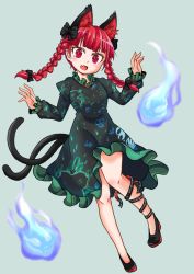 Rule 34 | 1girl, animal ear fluff, animal ears, black bow, black footwear, black ribbon, blue fire, blunt bangs, bow, braid, cat ears, cat tail, dress, extra ears, fang, fire, flaming skull, floating skull, ghost, green background, green dress, hitodama, kaenbyou rin, leg ribbon, multiple tails, no socks, open mouth, pointy ears, puffy sleeves, red eyes, red hair, ribbon, shiromamekei, simple background, skin fang, skull, slit pupils, solo, tail, touhou, twin braids, two tails