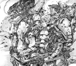 Rule 34 | 1girl, armor, cable, concept art, cyberpunk, damaged, desert, dirty, dragon&#039;s heaven, elmedain, energy cannon, highres, ikuuru, long hair, looking at viewer, machinery, mecha, moebius (style), monochrome, power armor, power suit, robot, scan, science fiction, shaian (robot), shoulder cannon, signature, tonikoro, traditional media, western comics (style)