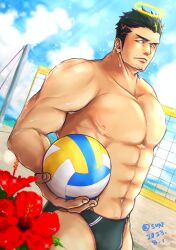 Rule 34 | 1boy, abs, absurdres, ball, bara, beach volleyball, beard stubble, black hair, black male swimwear, bulge, facial hair, feet out of frame, fire, flaming halo, flower, from below, halo, hibiscus, highres, holding, holding ball, large pectorals, long sideburns, male focus, male swimwear, mature male, muscular, muscular male, mustache stubble, navel, nipples, pectorals, playing sports, red flower, safu (maimai3737), short hair, sideburns, sideways glance, solo, stomach, strongman waist, stubble, swim briefs, swimsuit, thick eyebrows, tokyo houkago summoners, topless male, volleyball, volleyball (object), volleyball net, zabaniyya (fashionista swimsuit) (housamo), zabaniyya (housamo)