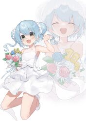 Rule 34 | 1girl, anniversary, blue hair, bouquet, breasts, double bun, dress, flower, hair bun, highres, holding, holding bouquet, kantai collection, light blue hair, open hand, open mouth, picoli1313, ribbon, samuel b. roberts (kancolle), small breasts, smile, white background, white dress, yellow eyes