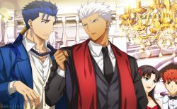Rule 34 | 1girl, 3boys, akujiki59, alternate costume, archer (fate), black suit, black vest, blue hair, blue suit, candle, collared shirt, cu chulainn (fate), cu chulainn (fate/stay night), dark-skinned male, dark skin, ear piercing, emiya shirou, eye contact, fate/stay night, fate (series), formal, glaring, indoors, looking at another, looking at viewer, multiple boys, necktie, necktie grab, neckwear grab, official style, piercing, ponytail, red eyes, shirt, short hair, spiked hair, suit, tohsaka rin, upper body, vest, white hair