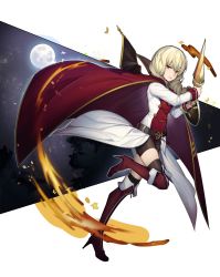Rule 34 | 1girl, belt, belt buckle, bike shorts, black thighhighs, blonde hair, boots, buckle, buckler, cape, coattails, commentary, drill hair, erika wagner, fire, full body, full moon, high heel boots, high heels, highres, holding, holding shield, holding sword, holding weapon, looking at viewer, medium hair, moon, nvalee, red cape, red eyes, red footwear, second-party source, shield, short sword, solo, stiletto heels, sword, textless version, thigh boots, thighhighs, thighhighs under boots, twin drills, under night in-birth, under night in-birth exe:late[st], uniform, weapon