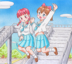 Rule 34 | 2girls, arm up, blue eyes, blue neckerchief, blue skirt, blush, bow, braid, breasts, brown footwear, brown hair, cloud, flat chest, hair bow, highres, holding hands, jumping, kirara jump, long hair, long sleeves, looking down, looking up, marup, midriff peek, multiple girls, name tag, navel, neckerchief, open mouth, pavement, pink bow, ponytail, red eyes, red hair, road, school uniform, shirt, shoes, skirt, sky, small breasts, smile, socks, stairs, tree, twin braids, white shirt, white socks, yellow bow