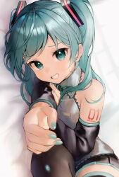 Rule 34 | 1girl, absurdres, aqua eyes, aqua hair, aqua nails, bare shoulders, bed sheet, black skirt, black sleeves, black thighhighs, collared shirt, commentary request, detached sleeves, grey shirt, grin, hair ornament, hatsune miku, highres, indoors, long hair, looking at viewer, lying, number tattoo, on side, shirt, shoulder tattoo, skirt, sleeveless, sleeveless shirt, smile, solo, sunlight, swept bangs, tananuki, tattoo, teeth, thighhighs, twintails, twitter username, vocaloid, window, zettai ryouiki