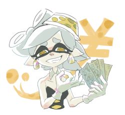 Rule 34 | + +, 1girl, bare shoulders, detached collar, earrings, eyelashes, gesture, gloves, grin, hat, inkling, jewelry, looking at viewer, marie (splatoon), mebuita, mole, mole under eye, money, money gesture, nintendo, official style, parted lips, pointy ears, sharp teeth, smile, solo, splatoon (series), splatoon 1, teeth, tentacle hair, white hair, yellow eyes, yen sign