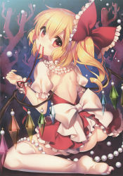 Rule 34 | 1girl, absurdres, ass, back, back cutout, beads, blonde hair, bow, clothing cutout, crystal, dress, fangs, feet, flandre scarlet, frills, from behind, full body, hair bow, hair ornament, highres, huge filesize, looking at viewer, looking back, masaru.jp, mouth hold, no headwear, no headwear, no panties, no shoes, puffy sleeves, red eyes, ribbon, ribbon in mouth, scan, scan artifacts, short hair, short sleeves, side ponytail, smile, solo, thighhighs, touhou, underwater, white thighhighs, wings, wrist cuffs