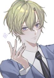 Rule 34 | 1boy, absurdres, artist name, bishounen, blonde hair, blue eyes, blue jacket, chromatic aberration, closed mouth, collared shirt, hand up, highres, jacket, looking at viewer, male focus, necktie, ouran high school host club, ouran high school uniform, school uniform, shirt, short hair, signature, simple background, smile, solo, sparkle, suou tamaki, white background, white shirt, yin yang6