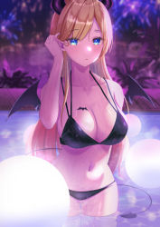Rule 34 | 1girl, adjusting hair, arm behind back, bare shoulders, bikini, black bikini, blonde hair, blue eyes, blurry, blurry background, breast tattoo, breasts, collarbone, demon horns, demon tail, demon wings, hand up, haro art, heart, heart tattoo, hololive, horns, large breasts, lights, long hair, looking at viewer, navel, night, parted lips, pointy ears, pool, solo, stomach, straight hair, swimsuit, tail, tattoo, thigh gap, thighs, very long hair, virtual youtuber, wading, water, wet, wings, yuzuki choco, yuzuki choco (hololive summer 2019)