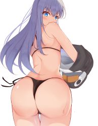 Rule 34 | 1girl, angry, animal costume, animal hood, ass, back, bare shoulders, bikini, black bikini, blue eyes, blush, butt crack, fate/grand order, fate (series), from behind, frown, hair between eyes, highres, hood, huge ass, jacket, long hair, looking at viewer, matcha7611, meltryllis, meltryllis (fate), meltryllis (swimsuit lancer) (fate), meltryllis (swimsuit lancer) (first ascension) (fate), penguin costume, purple hair, shiny skin, simple background, solo, sweat, swimsuit, thick thighs, thighs, thong, thong bikini, unworn jacket, very long hair, white background, wide hips