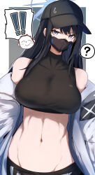 Rule 34 | 1girl, armband, doodle sensei (blue archive), bare shoulders, baseball cap, belt, black hair, black headwear, black pants, black shirt, blue archive, blue eyes, breasts, coat, crop top, gin moku, halo, hat, highres, large breasts, long hair, long sleeves, looking at viewer, mask, midriff, mouth mask, navel, off shoulder, open clothes, open coat, pants, saori (blue archive), sensei (blue archive), shirt, sleeveless, sleeveless shirt, solo focus, white coat