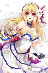Rule 34 | 1girl, :d, blonde hair, bouquet, breasts, bridal gauntlets, bridal veil, cleavage, copyright name, dress, flower, hisen kaede, jewelry, kikyou-0423, large breasts, necklace, official art, open mouth, red eyes, rose, smile, solo, sword, veil, venus blade, weapon, wedding dress
