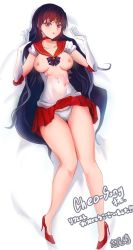 Rule 34 | 1girl, :o, artist name, bad id, bad pixiv id, bed sheet, bishoujo senshi sailor moon, black hair, breasts, breasts apart, breasts out, choker, circlet, clothes lift, collarbone, earrings, elbow gloves, full body, gloves, hands up, high heels, highres, hino rei, jewelry, knees together feet apart, leotard, long hair, lying, macro shiosaki, magical girl, medium breasts, miniskirt, on back, open mouth, panties, parted bangs, pleated skirt, red choker, red skirt, sailor mars, sailor senshi uniform, skirt, skirt lift, solo, thigh gap, thighs, torn clothes, underwear, white gloves, white panties