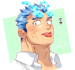 Rule 34 | 1boy, adam&#039;s apple, bara, blue eyes, blue fire, blue hair, blush, border, collared shirt, commentary, cross scar, facial scar, fiery horns, fire, flying sweatdrops, forked eyebrows, green background, hair slicked back, highres, horns, kizami nori to yamaimo, looking at viewer, male focus, muscular, muscular male, outside border, portrait, sakimori toji, scar, scar on cheek, scar on face, shirt, short hair, sideburns, signature, solo, sweatdrop, thick eyebrows, tokyo houkago summoners, tongue, tongue out, two-tone background, white border, white shirt