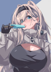 Rule 34 | 1girl, animal ears, arknights, aurora (arknights), bear ears, black gloves, black hairband, black shirt, blue background, blue eyes, blush, breasts, commentary request, food, gloves, grey background, grey hair, hairband, hand up, highres, holding, holding food, large breasts, long hair, looking at viewer, open mouth, popsicle, sajimaririri, shirt, shrug (clothing), solo, two-tone background, upper body