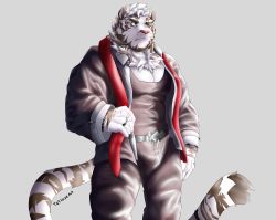 Rule 34 | 1boy, absurdres, animal ears, arknights, bara, black tank top, bulge, cowboy shot, furry, furry male, highres, jacket, male focus, mountain (arknights), muscular, muscular male, official alternate costume, open clothes, open jacket, open shirt, pectoral cleavage, pectorals, red scarf, scar, scar across eye, scar on face, scarf, short hair, solo, tank top, tatsuya (tatsuyaart d), tiger boy, tiger ears, tiger stripes, white fur