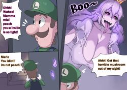 Rule 34 | 1boy, 1girl, black sclera, breasts, cleavage, colored sclera, colored skin, comic, dress, ghost, gloves, highres, large breasts, long hair, luigi, mario (series), metal owl (aden12), new super mario bros. u deluxe, nintendo, pink eyes, princess king boo, super crown, tongue, tongue out, white gloves, white hair, white skin