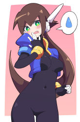 Rule 34 | 1girl, absurdres, aile (mega man zx), black bodysuit, blush, bodysuit, breasts, brown hair, buzzlyears, covered navel, fang, green eyes, highres, large breasts, long hair, looking at viewer, mega man (series), mega man zx, mega man zx advent, open mouth, solo, speech bubble